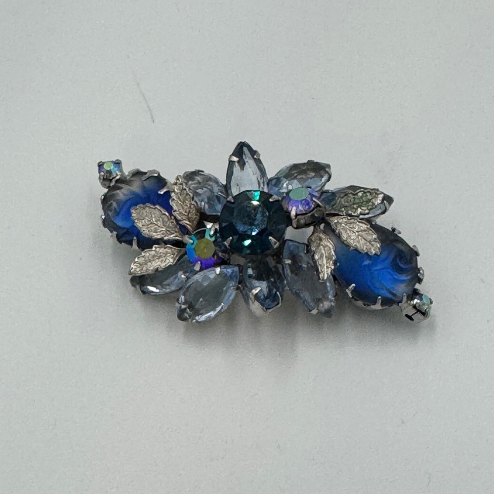 Vintage Blue Rhinestone Art Glass Floral Brooch Silver Tone Aurora Borealis Pin